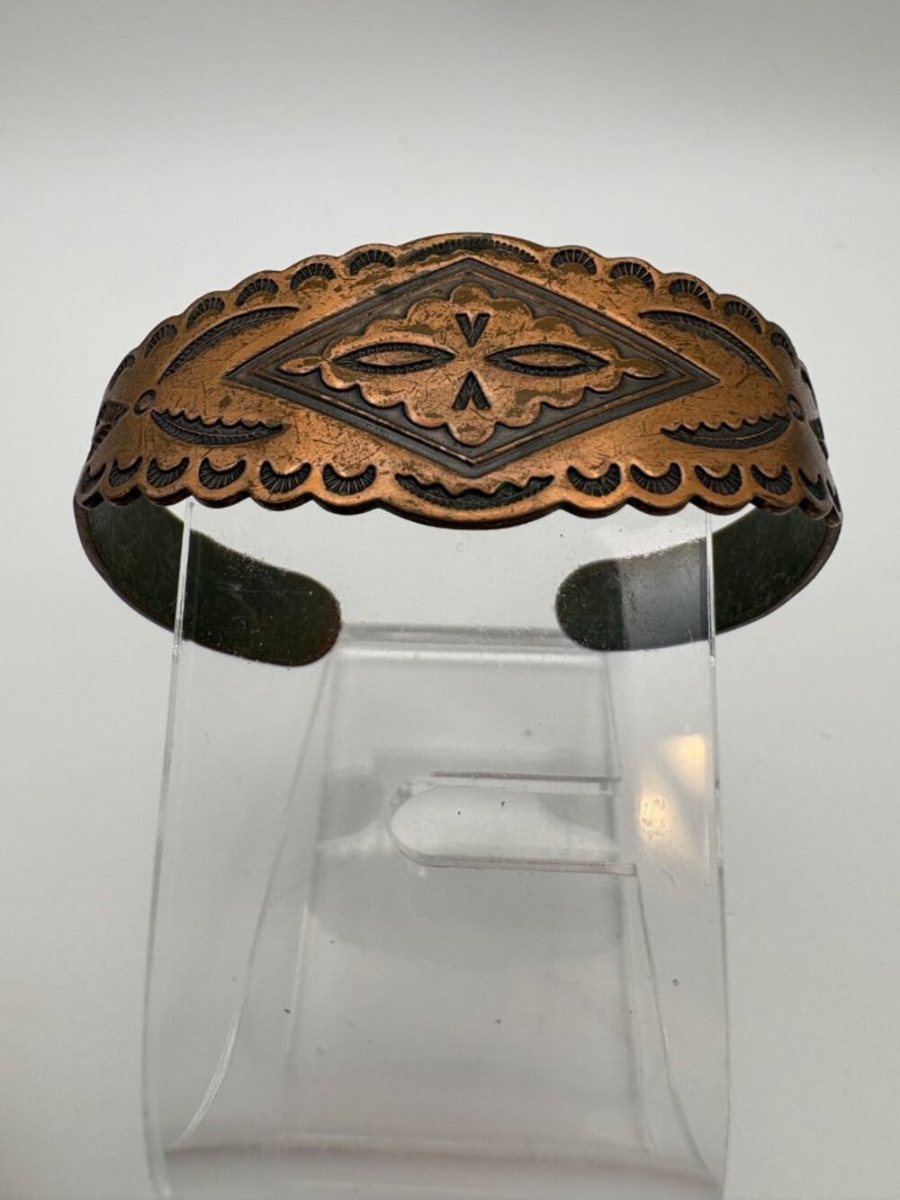 Vintage Solid Copper Stamped Cuff Bracelet Southwestern Diamond Scalloped Band